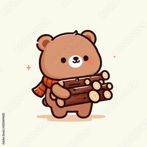 cartoon vector illustration of a bear carrying firewood