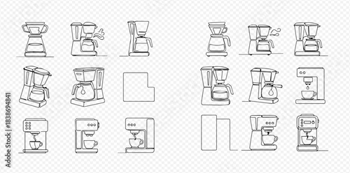 Set of various coffee machine and coffee maker line art icons on transparent background.