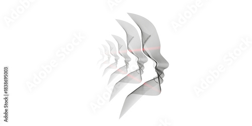 Artificial Intelligence, abstract artistic human head portrait made of dotted particles array, vector software digital visual interface. Digital soul, spirit of technological time.