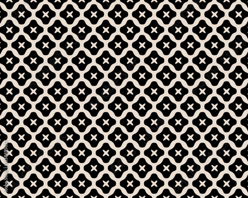 黒とベージュのコントラストが特徴的な、幾何学的シームレスパターン。規則的に並んだ抽象的な連続模様のベクターデザイン。