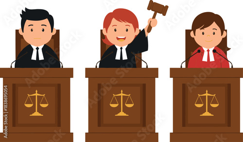 Three Diverse Judges or Legal Professionals Panel Sitting on the Bench with a Female Judge Raising a Gavel to Deliver a Verdict Cartoon Vector.