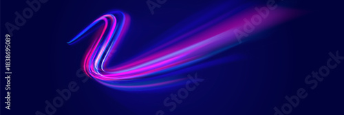 Neon line as speed or arc, turn, twist, bend in light effect. Light arc in neon colors, in the form of a turn and a zigzag. Abstract background in blue