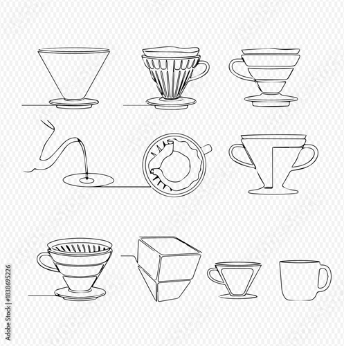 Set of continuous line drawings of various coffee drippers and brewing equipment for pour-over coffee preparation.