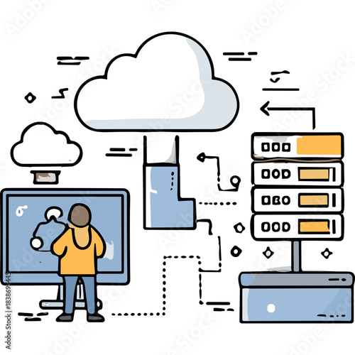 Person Interacting With Cloud Computing Network And Server Racks Displaying Data With Technology Interface On Screen In Light Blue And Orange Tones With Simple Doodle Art Style