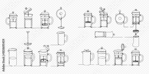 Detailed hand-drawn sketch of a French press coffee maker assembly and disassembly instructions.