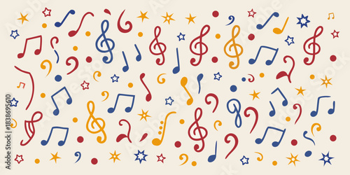 Colorful musical notes and symbols scattered across a light beige background