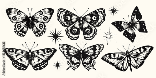 Elegant black and white illustration featuring multiple detailed butterfly designs and stars