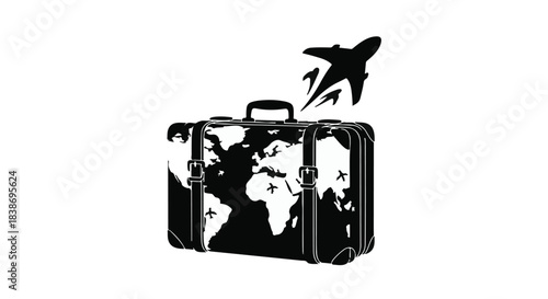 Black and white illustration of a vintage suitcase adorned with a world map, with a silhouette airplane taking flight.