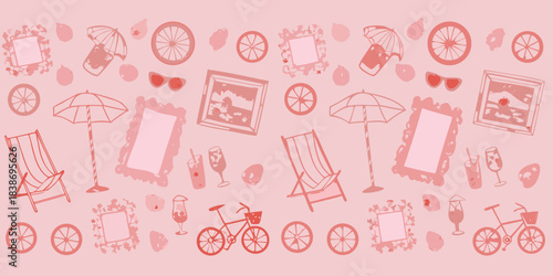 A delightful pink pattern featuring summer objects like umbrellas and beach chairs