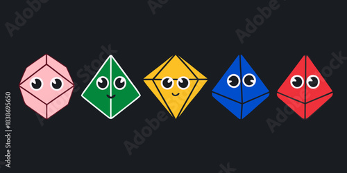 Colorful cartoon diamonds with faces arranged in a horizontal row on black background