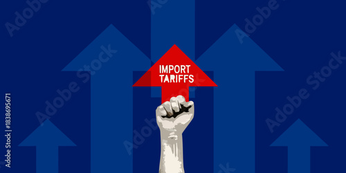 A hand raising a red arrow with import tariffs against blue arrows