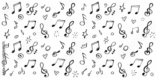 A whimsical pattern of hand drawn musical notes and charming decorative elements