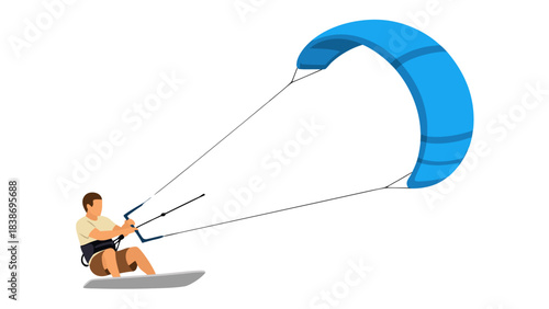 Man Kiteboarding With A Large Blue Kite Over A Grey Board In The Water Dynamic Action Sport Illustration On A Black Background