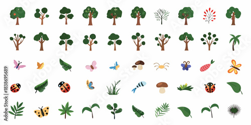 Collection of colorful trees insects plants and foliage illustrations on white background