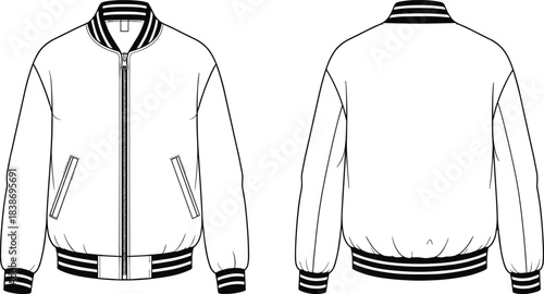 Bomber jacket fashion flat technical sketch vector illustration, featuring striped rib trims, zip front, pockets, and a classic silhouette, perfect for CAD drawing.