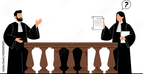 Two Attorneys Arguing a Case at the Court Balustrade, with One Lawyer Showing a Confusing Legal Document and Asking a Question Vector Illustration.