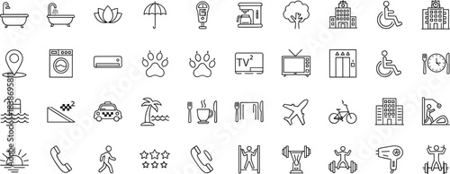 Black line icons, user interface symbols, signage elements, accessibility, travel, hotel, fitness, household, communication, cityscape