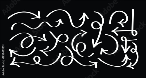 Hand-Drawn White Curving Arrow Collection on Black Background, Doodle Sketch Vector Set for Emphasis, Movement, and Artistic Navigation Graphics