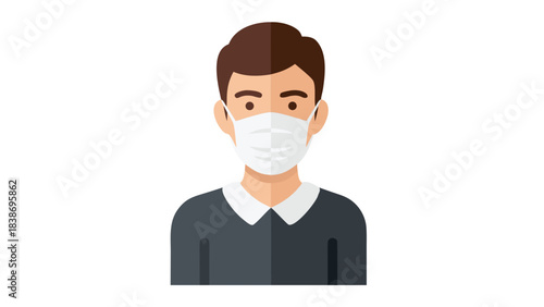 Man Wearing White Medical Face Mask for Protection Against Viruses and Pollution against black background with flat design style