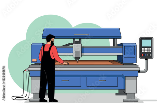 Vector illustration of a worker operating a large blue CNC router or cutting machine for woodworking or industrial fabrication, symbolizing modern computer-controlled manufacturing and precision.