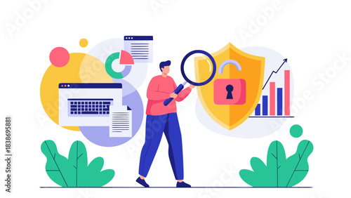 Man With Magnifying Glass Examines Unlocked Padlock on Shield with Graphs and Charts Data Analysis Security Concept Flat Illustration