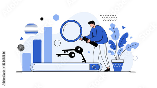 Man With Magnifying Glass Examining Search Bar And Keys Near Blue Bar Charts And Potted Plant Minimalist Illustration Representing Data Analysis And Keyword Research