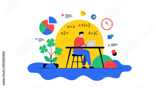 Man Working At A Desk With A Laptop Surrounded By Math Equations And Charts In A Bright Yellow Circle With Blue Abstract Shapes And Green Plants