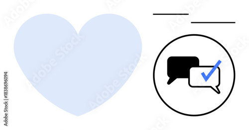 Light blue heart and chat bubble icons with a check mark emphasize love, trust, and communication. Ideal for social interaction, agreement, teamwork, relationships, approval, health support empathy