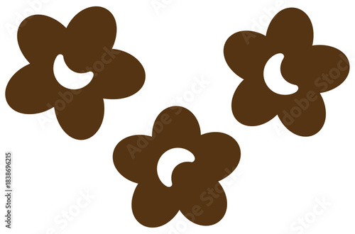 Three stylized brown flowers with white centers are arranged in a cluster on a white background.