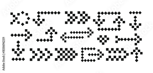 Collection of Pixelated Black and White Arrow Icons, Retro 8-Bit Cursor Symbols for Navigation, Gaming UI, and Digital Directional Design