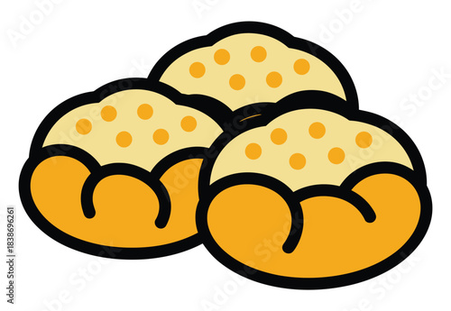 Three round golden colored baked buns with a speckled top sit together on a white background.