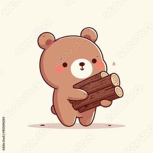 cartoon vector illustration of a bear carrying firewood