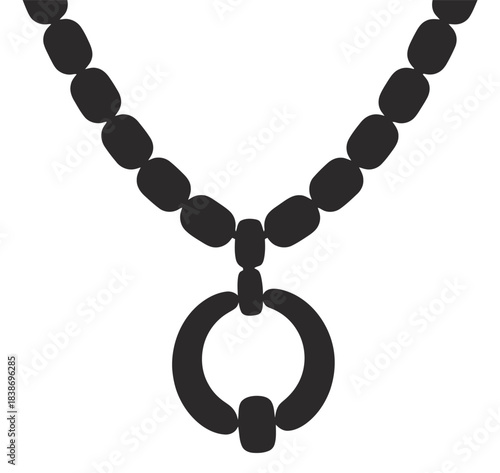 A simple black beaded necklace with a large circular pendant hangs against a white background.
