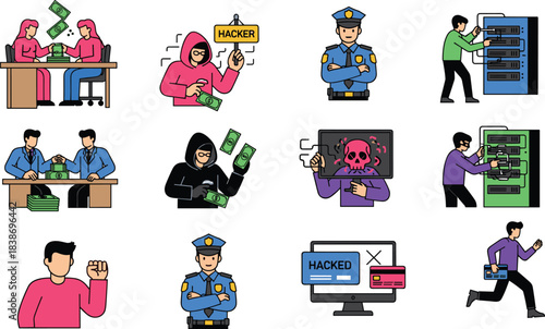 Cybersecurity illustration set with hackers, police, servers, financial crime, malware, data theft, protest, and digital threats