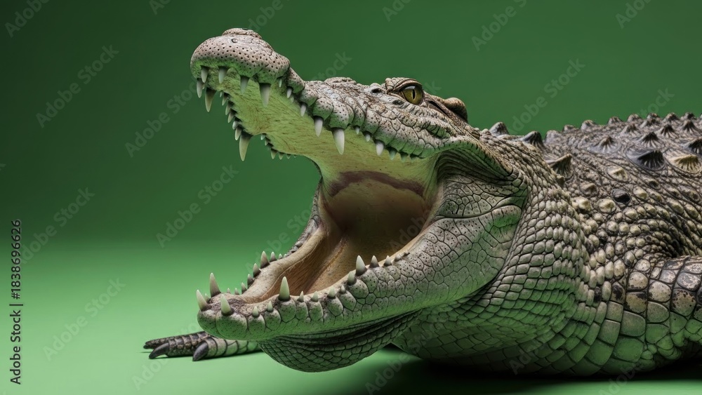 Fototapeta premium Menacing Crocodile Portrait: Open Jaws, Sharp Teeth, Green Backdrop, Detailed Scales