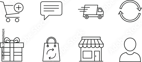 E-commerce icon set, online shopping symbols, customer support, fast delivery, return policy, gift service, storefront, user profile, black icons