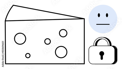 Cybersecurity, vulnerability analysis, emotional responses, safety, data protection, conceptual design. A cheese piece with holes, a neutral face and a padlock. Cybersecurity and vulnerability