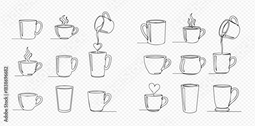 Continuous line art drawing of various coffee and tea cups, mugs, and glasses with hearts and steam.