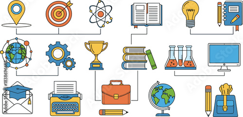 Education icons, science symbols, learning tools, global knowledge, academic achievement, innovation, books, globe, atom, trophy, pencil