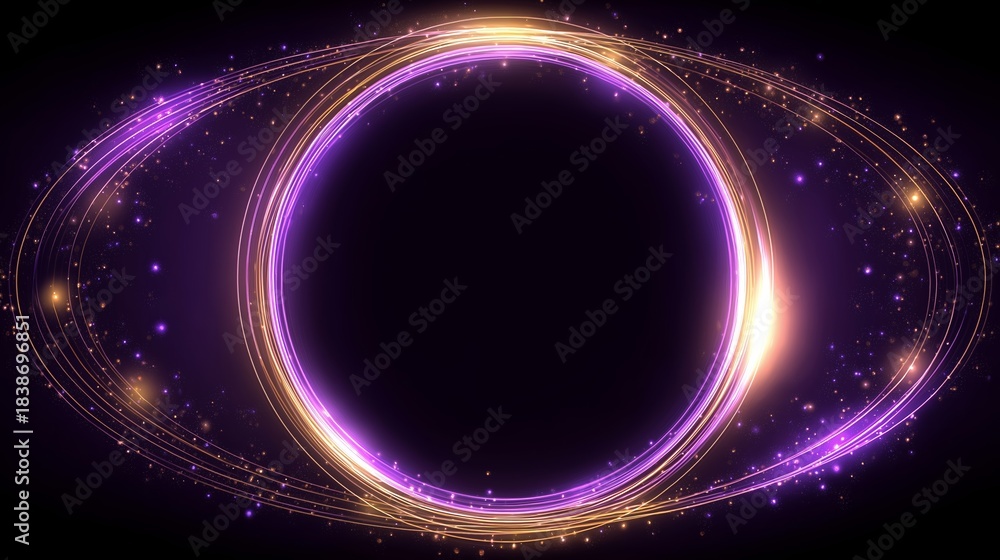 Obraz premium Abstract cosmic ring with glowing purple and gold orbits against a starry dark background