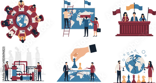 Global strategy illustration, diplomacy, industry, innovation, planning, politics, teamwork, chess decision, international meeting, factory, research icons