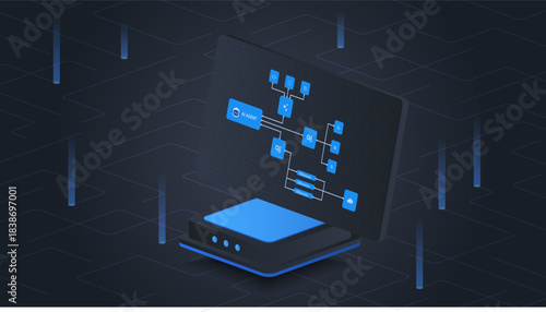 AI workflow automation artificial intelligence. ai agent system diagram with connected automation node and technology workflow. isometric illustration.