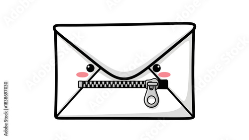 Cartoon white envelope character sealed with a zipper mouth