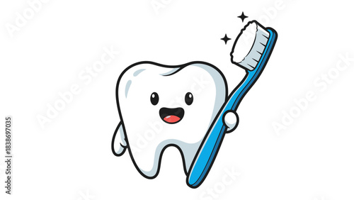 Cartoon white molar tooth holding a blue toothbrush with sparkles