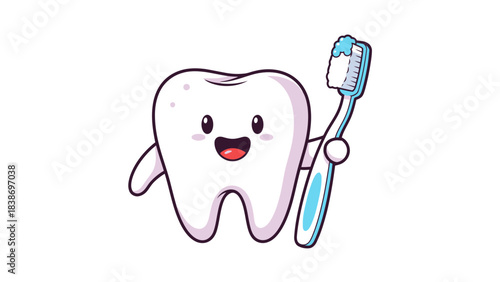 Cartoon white molar tooth character happily holding a toothbrush with toothpaste