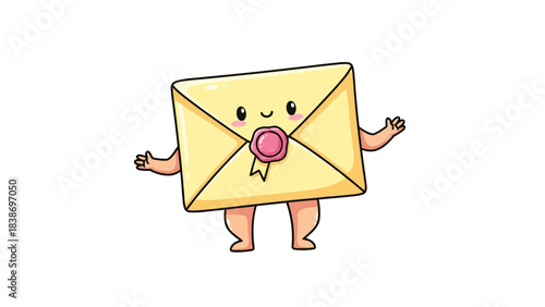 Cartoon yellow envelope character with arms legs and a pink seal