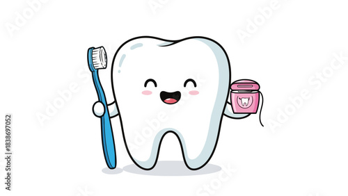Cartoon white molar tooth holding a blue toothbrush and pink floss container