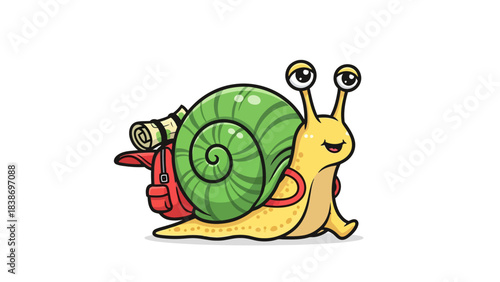 Cartoon yellow snail with a green shell and a red backpack hiking