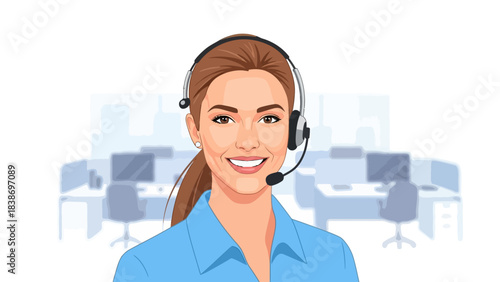 Cartoon woman with headset smiles in a cubicle office background
