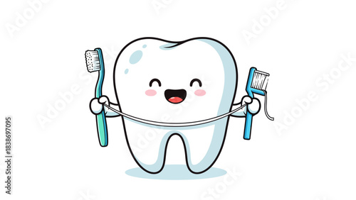 Cheerful cartoon tooth holds toothbrush and floss like a jump rope